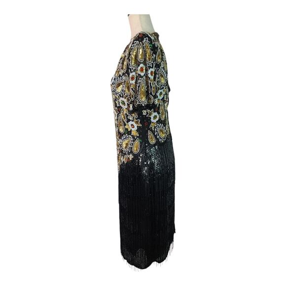 Sweelo Beaded Silk Black Gold Green Vintage Flapper Style Cocktail Evening Dress - Picture 3 of 6